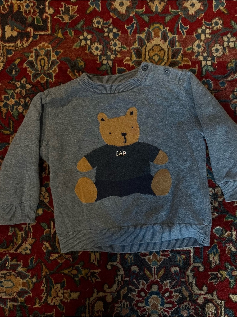 GAP Blue Gray Knit Sweater with Tan Bear